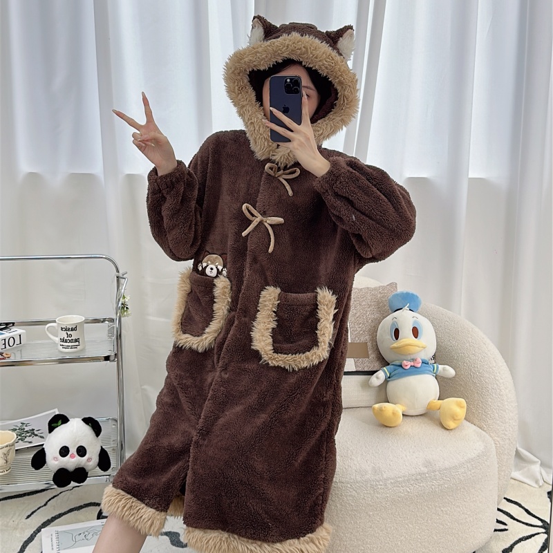 可爱公主风睡袍女秋冬季珊瑚绒加厚加绒睡衣可外穿睡裙家居服浴袍