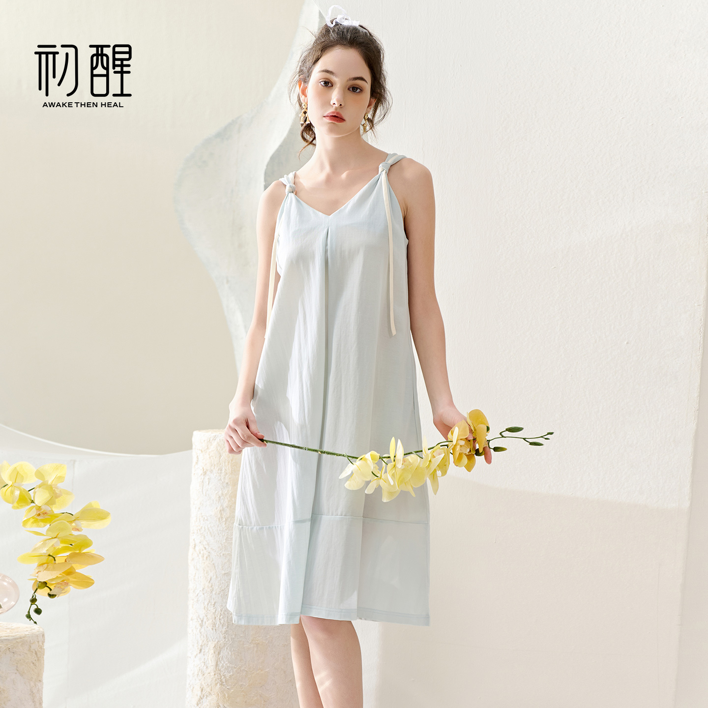 初醒夏季新款清新睡裙卡丝麻透气舒适家居服无胸垫