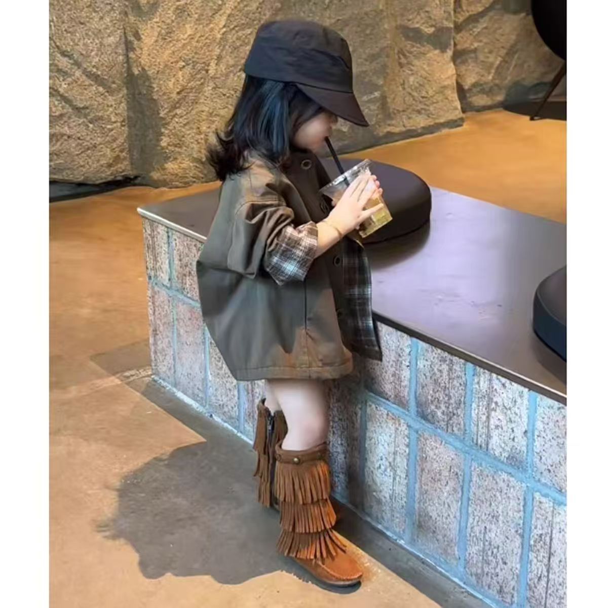 禾棠童品英伦休闲圆领格子女条纹春秋风衣宝宝童装时髦洋气