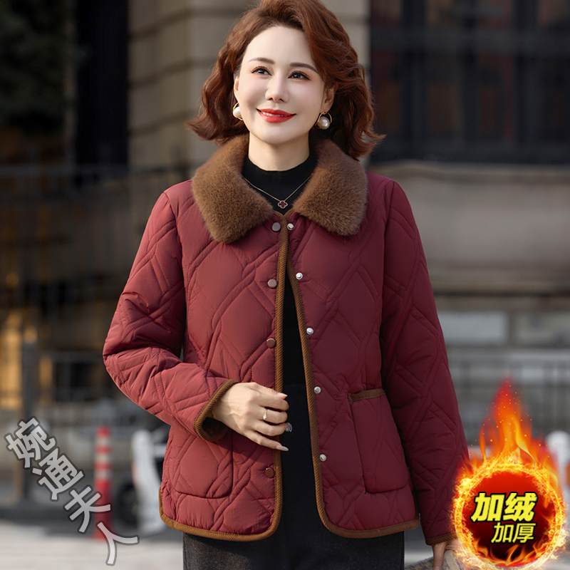 时尚中年妈妈冬装短款加绒小棉衣外套中老年女装冬季保暖棉服棉袄