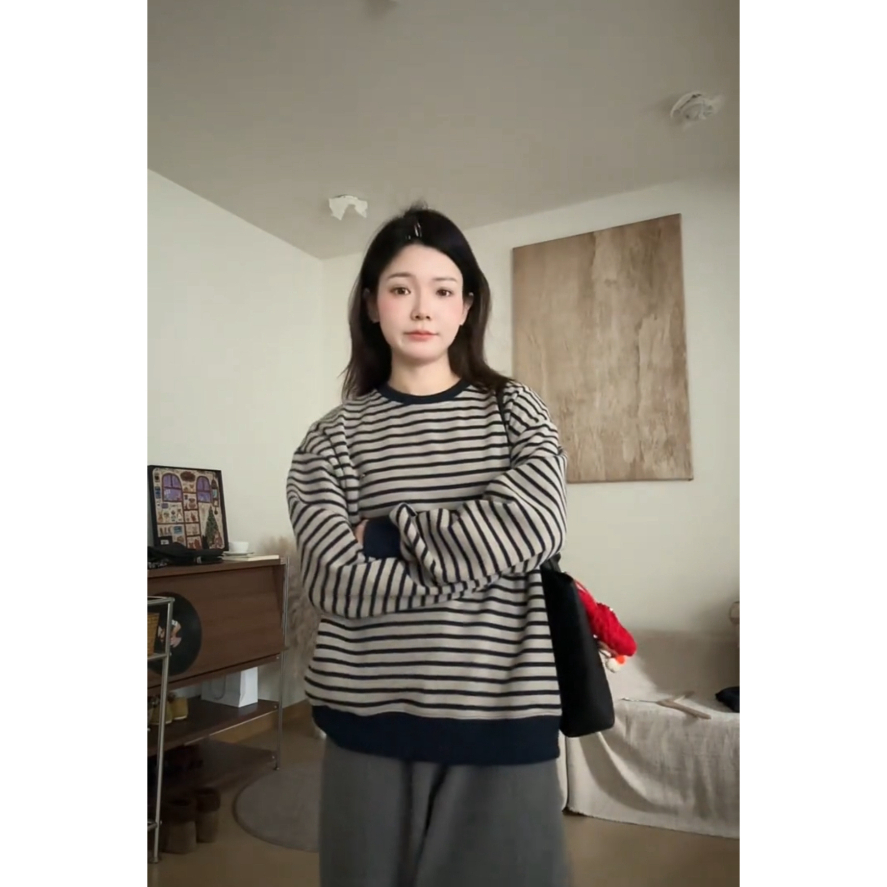 阿虞 经典条纹｜韩系宽松条纹圆领卫衣加绒秋冬百搭长袖上衣