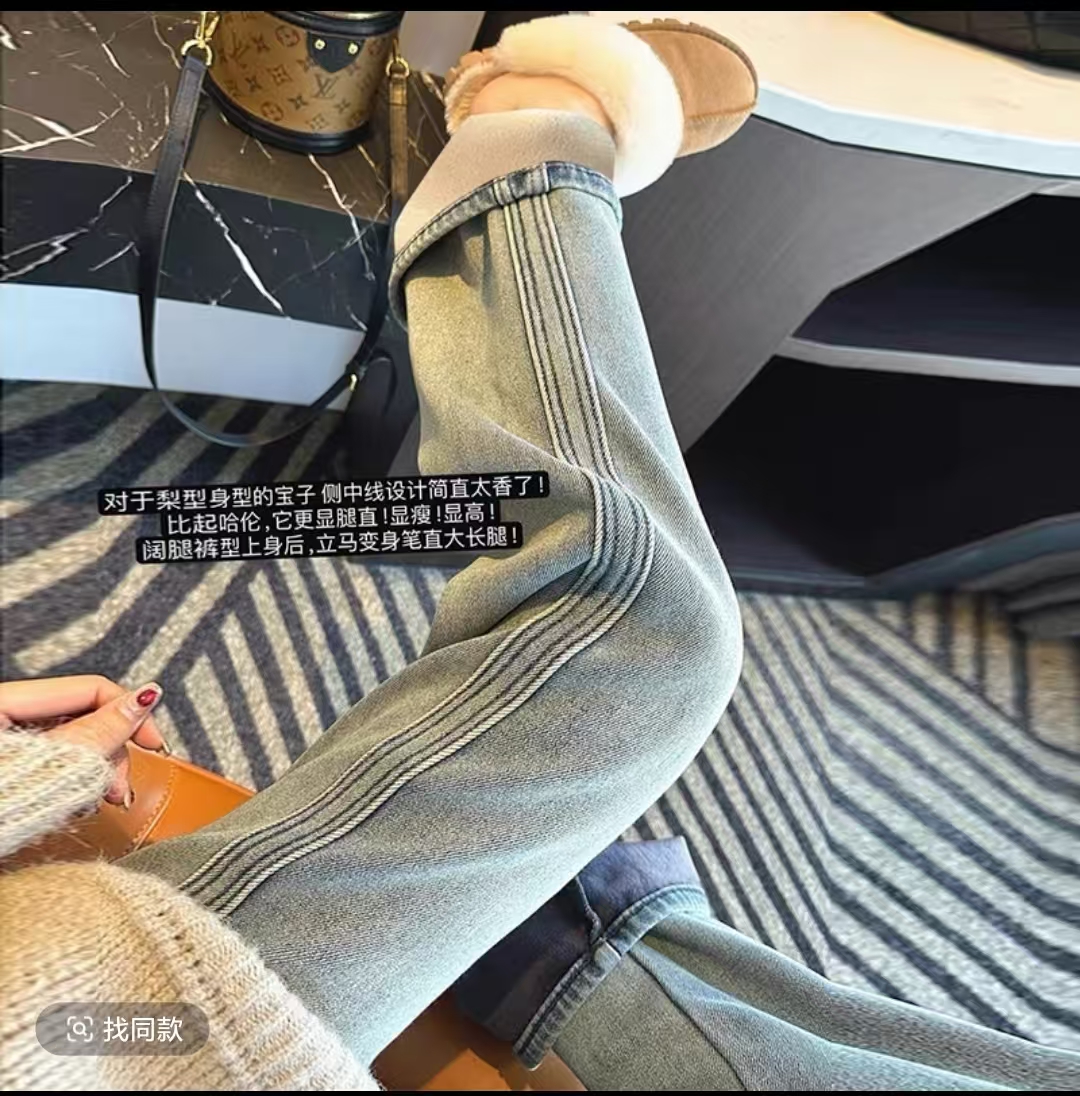 大码女装冬季新款加绒加厚牛仔裤女高腰宽松显瘦胖mm200斤阔腿裤G
