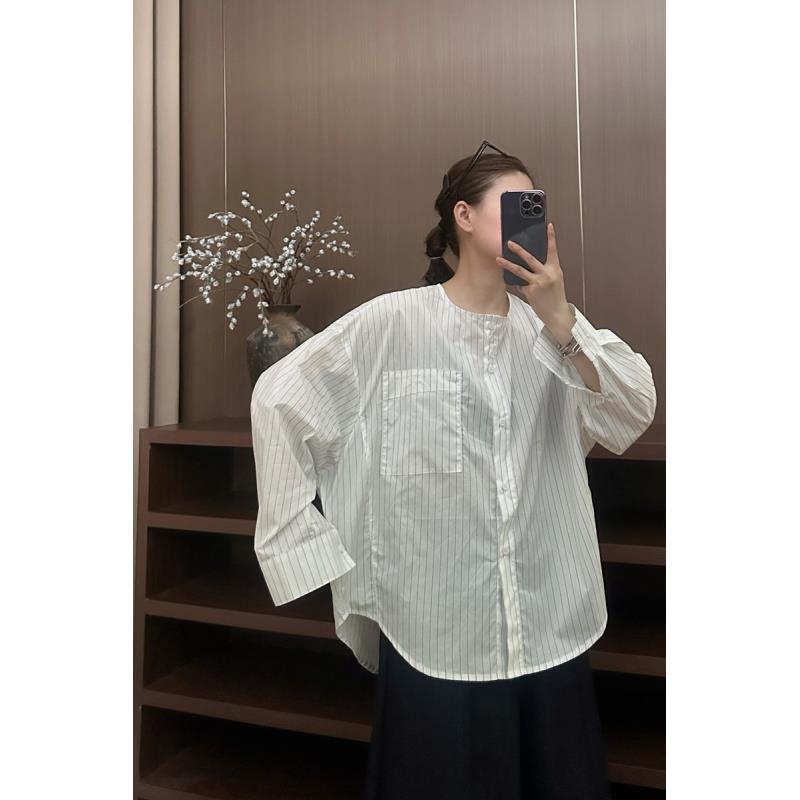 2025新款欧版休闲秋季条纹圆领衬衣女士外穿百搭宽松长袖