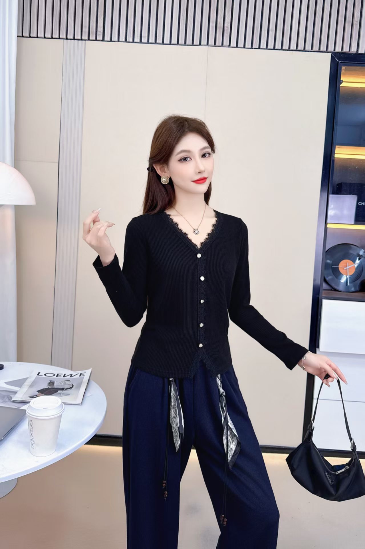 【黎诗梵】25153款时尚气质针织蕾丝拼接打底衫衣约55