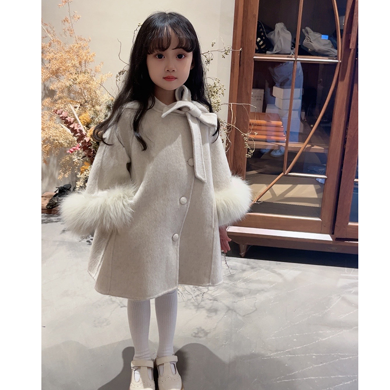 狐狸毛）韩版儿童冬季洋气外套女童小香风米色中长款大衣