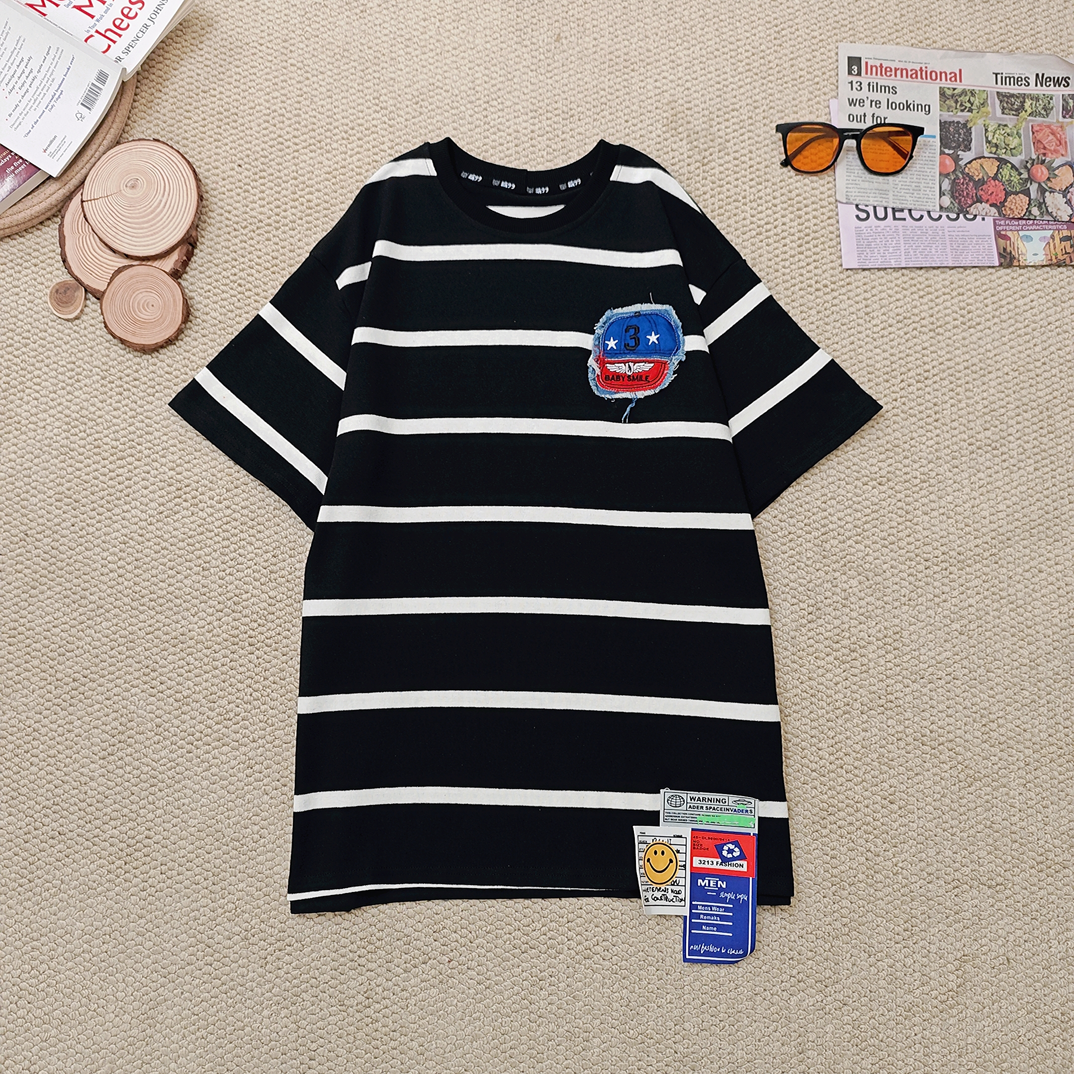 2025夏季新款宽松百搭条纹刺绣短袖T恤2376