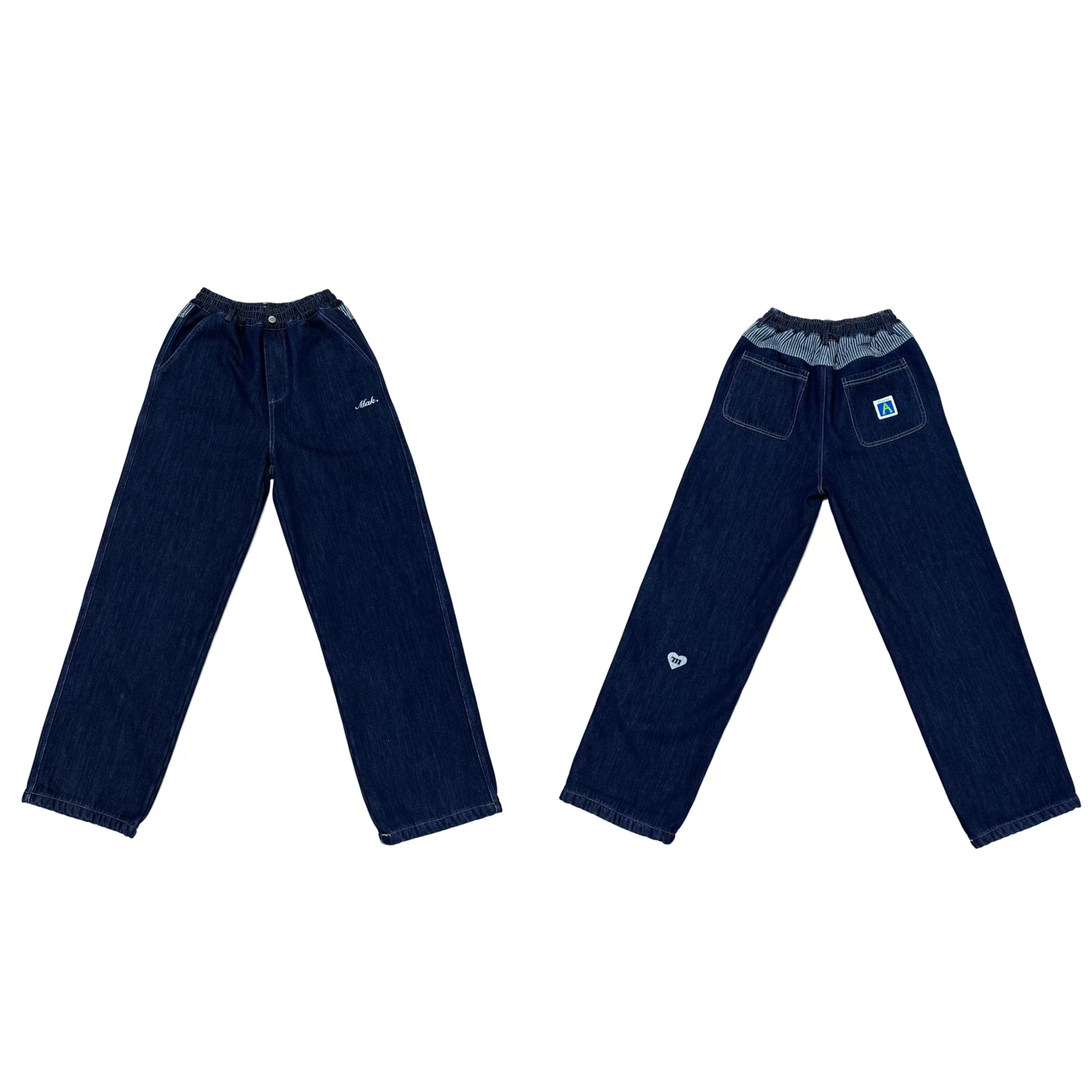 [MJ】蓝色水洗后口袋格纹A字母爱心设计款直筒加绒牛仔裤（暖暖冬日