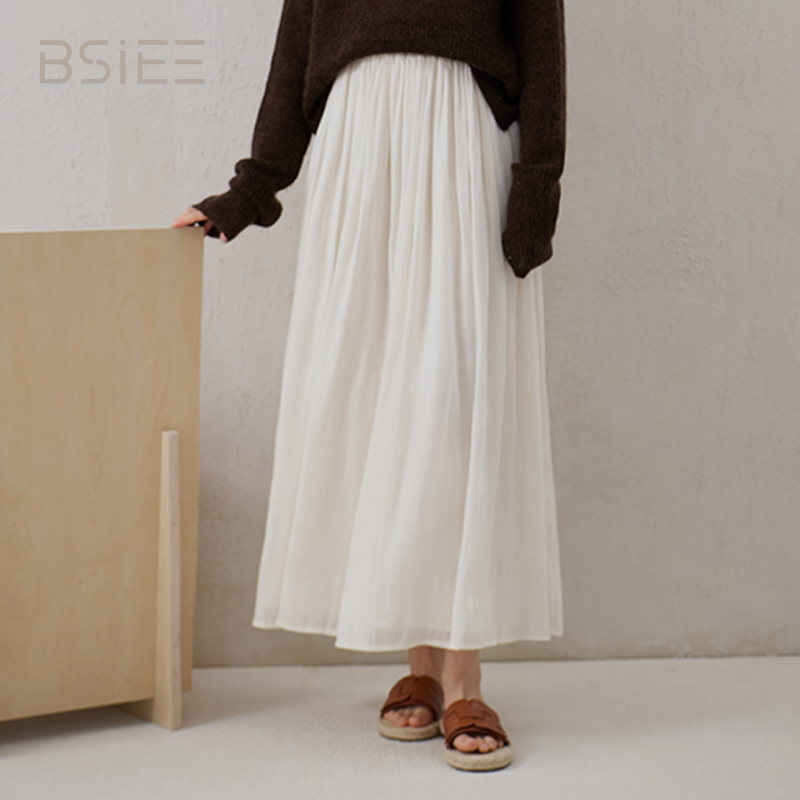 BSIEE/本涩时尚休闲女士简约气质流光伞摆半裙高腰百搭松紧舒适