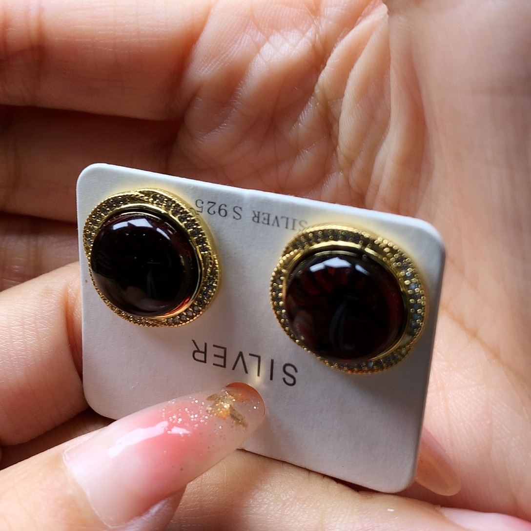 血珀耳饰银S925镶嵌耳钉