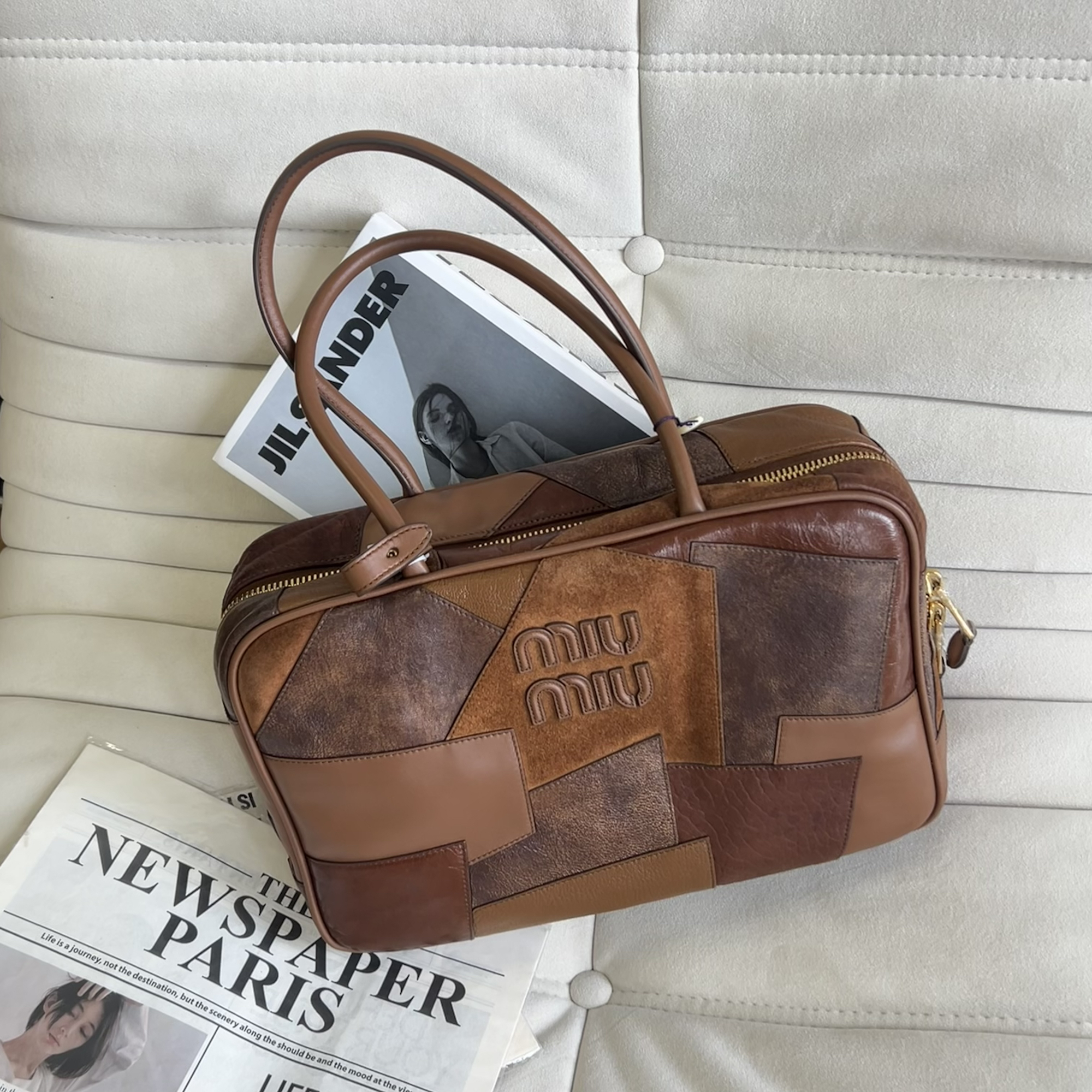 95新 MIU MIU/缪缪 乞丐拼接大号公文包