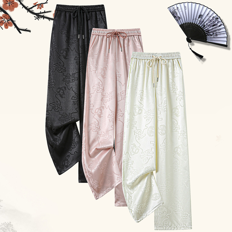 2025龙纹浮雕缎面提花阔腿裤女新款高腰垂感新中式国风窄版直筒裤