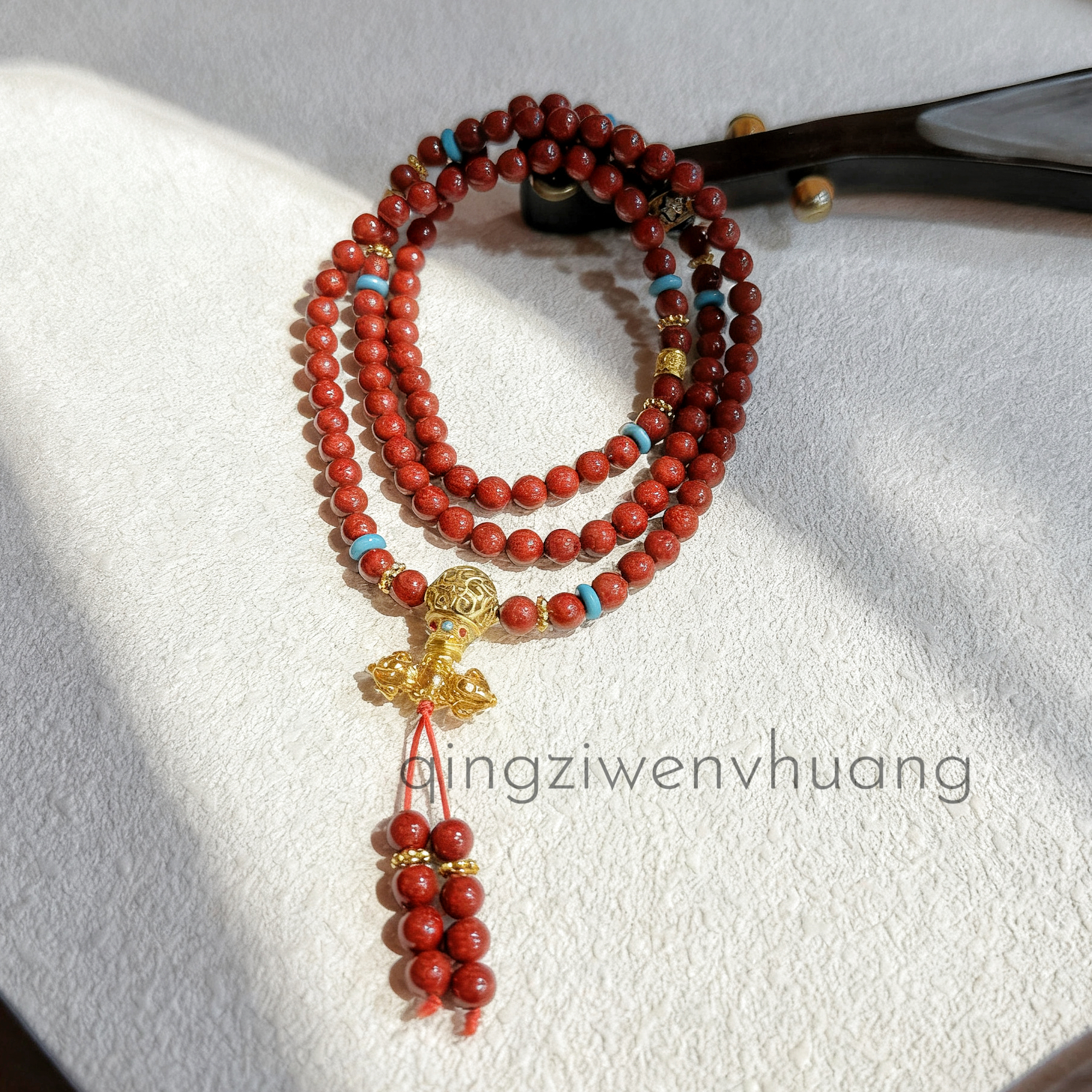 含辰砂工艺品DZ 1298-朱砂-6mm多圈款葫芦+蓝色隔片+转运珠