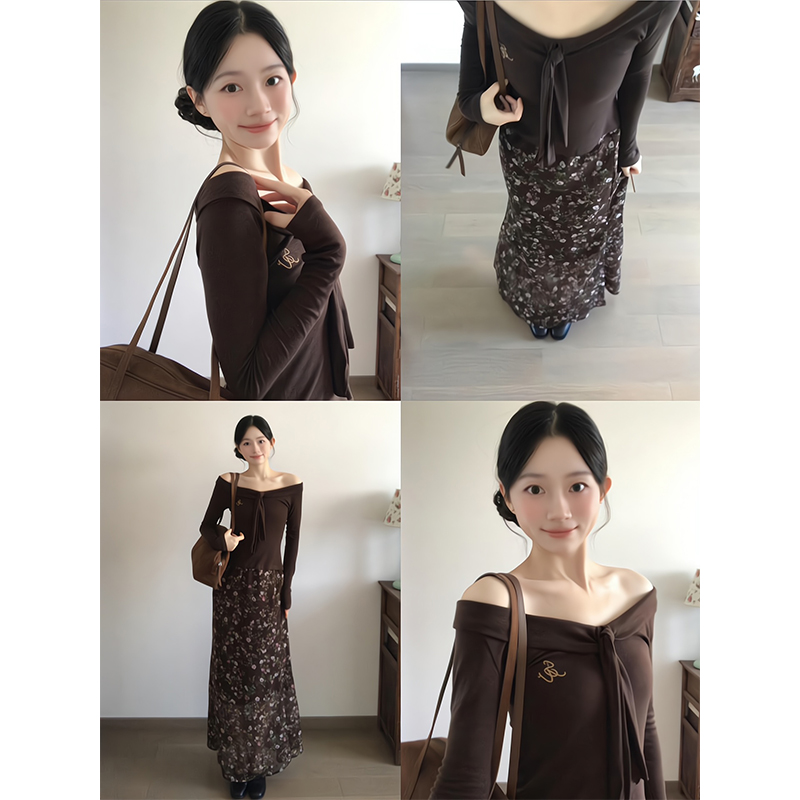 2025新款女士早秋季一字肩刺绣长袖针织衫修身收腰短款上衣半身裙