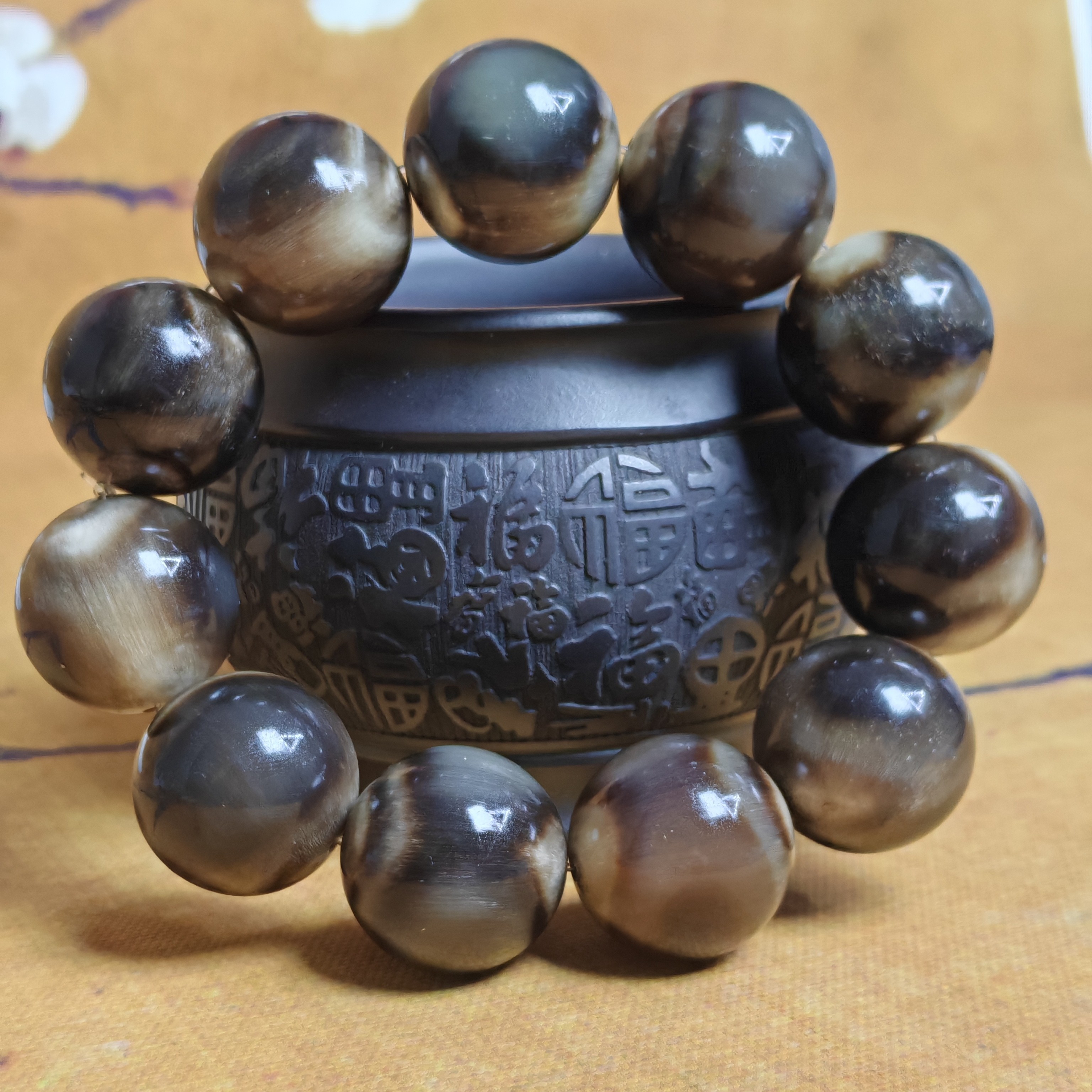 天然牛角白水黑金刚手串饰品圆头