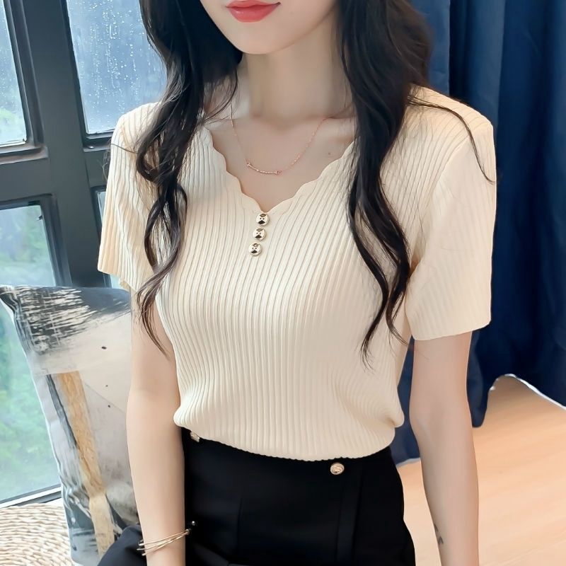 KEMAI冰丝短袖T恤女装夏季新款修身短款韩版纽扣V领针织打