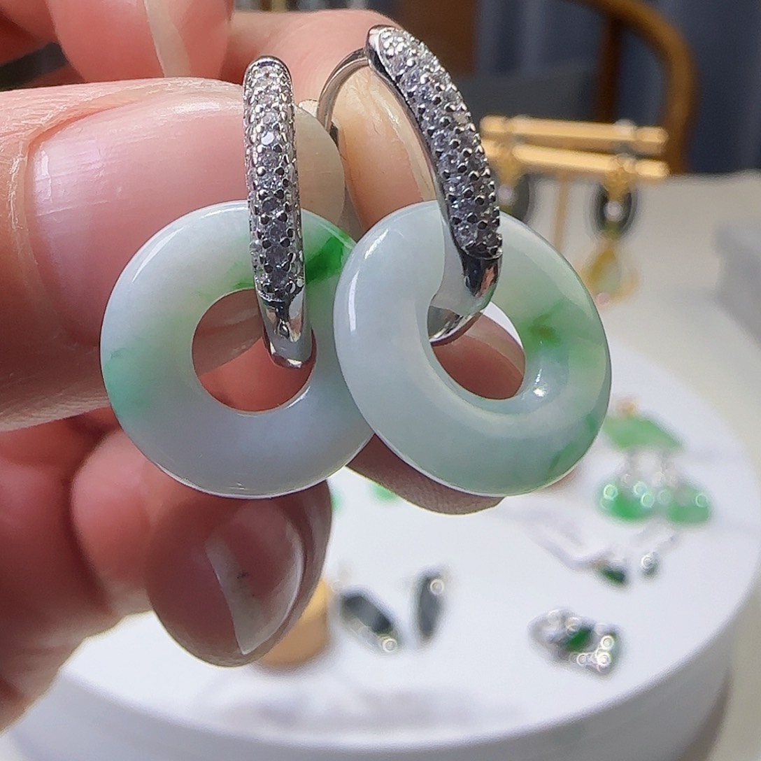 翡翠耳饰银S925镶嵌天然缅甸a货翡翠