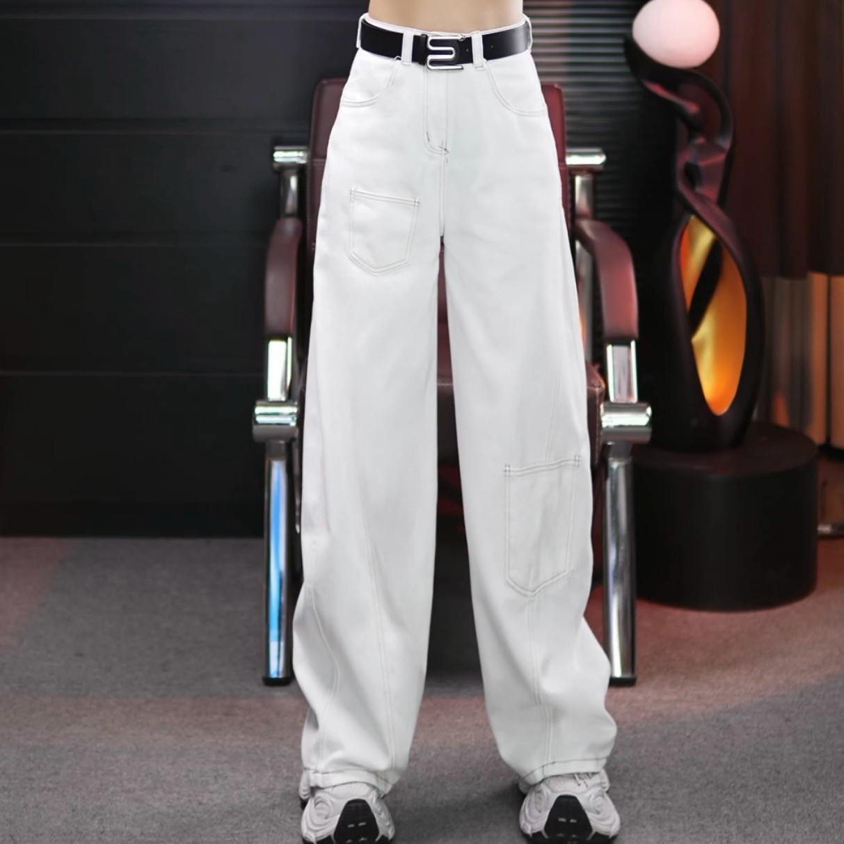 美式小众设计感线条解构阔腿牛仔裤宽松高级感多口袋裤女