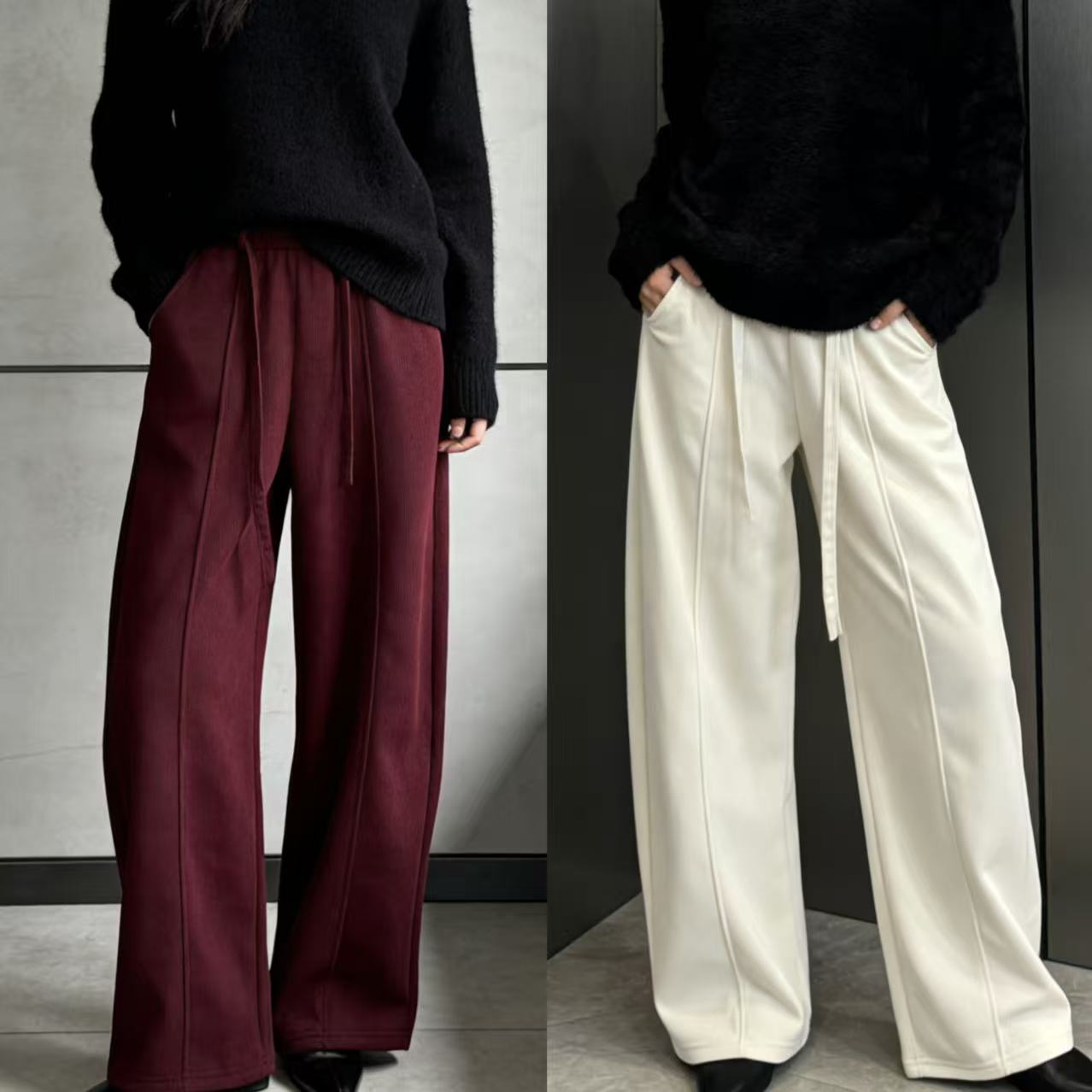 HK 3腰68-100长102纯色带裤带设计松紧腰鱼骨显直休闲裤 4741