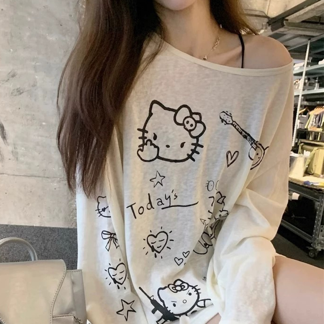 没有运费险! !  kitty猫印花百搭长袖T恤慵懒风宽松防晒罩衫上衣