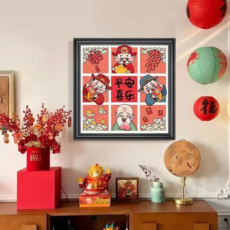 喜庆财神爷五福临门玄关挂画现代装饰画FL05-40-40-黑欧框