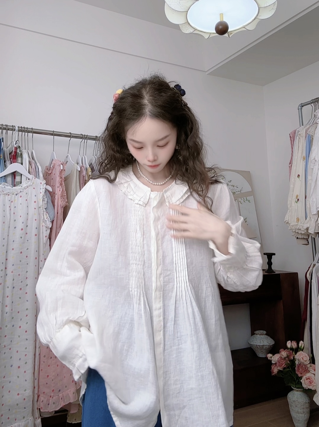 可衣-【物语】日系新款荷叶领亚麻衬衫女长袖甜美