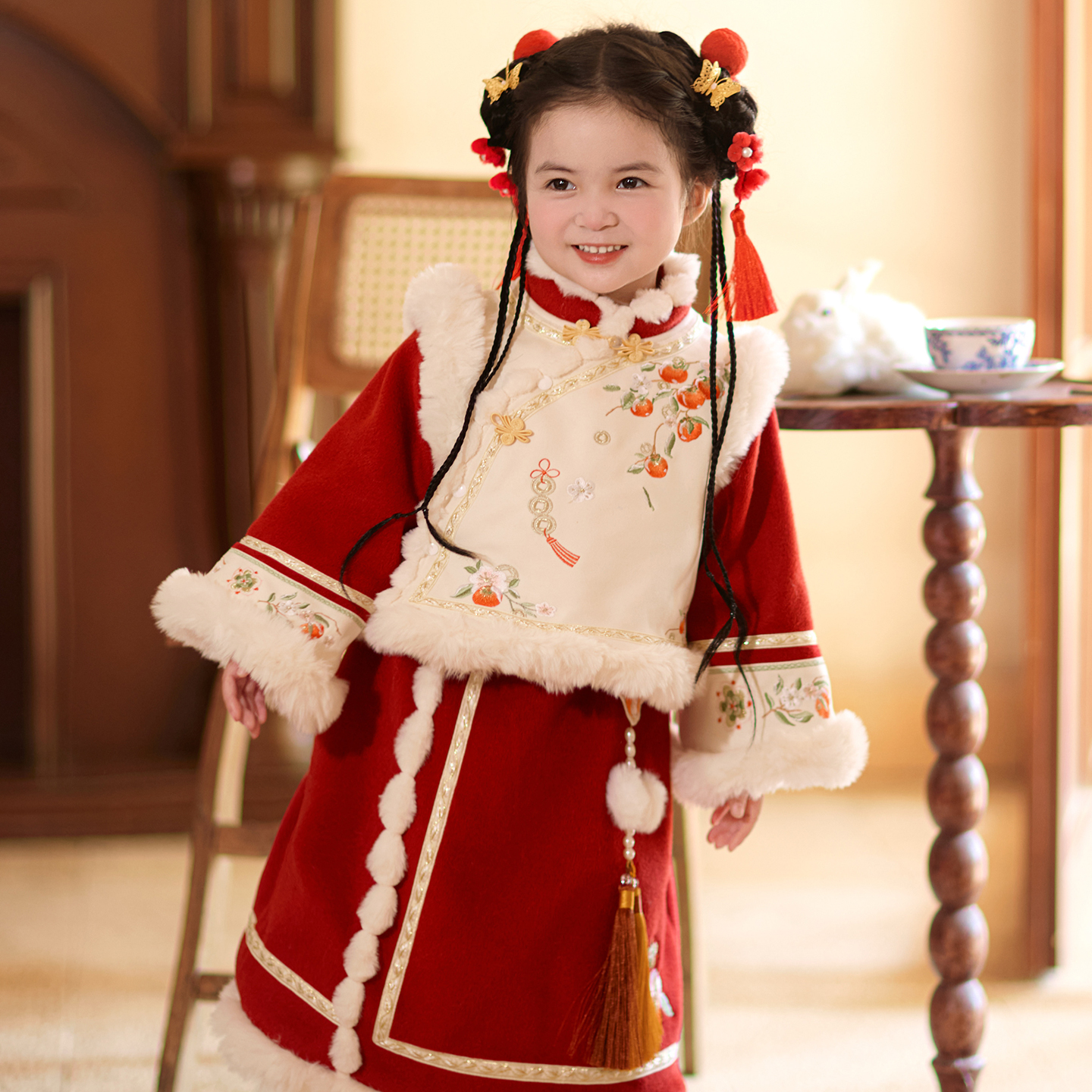 【金梅福柿】汉服女童冬装25新款红色明制套装女孩唐装过年拜年服
