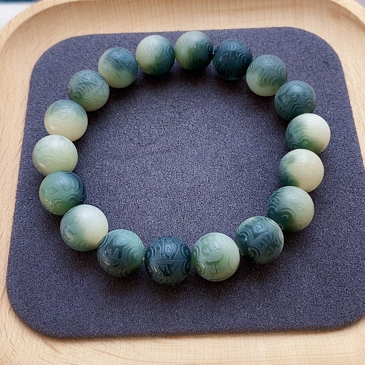 菩提根/象牙果手串六字箴言绿飘花菩提根手串