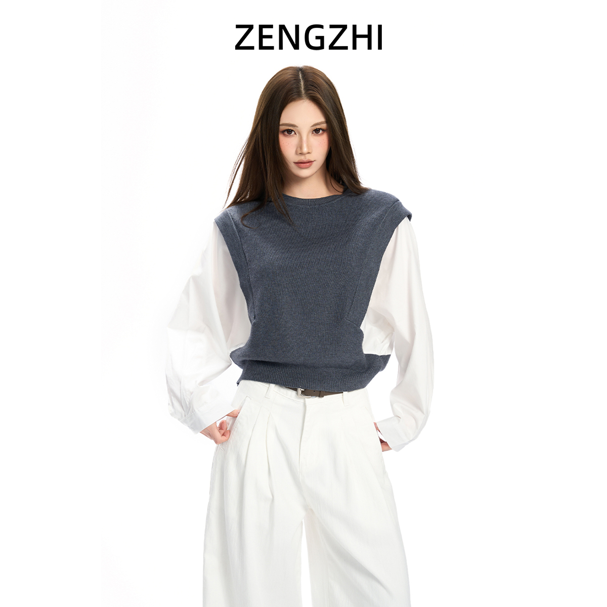 秋季新款假两件宽松休闲针织减龄长袖衬衫女N8718