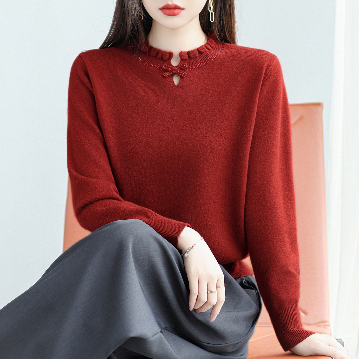 半高领毛衣女2025秋冬蝴蝶结扣针织打底衫YS-G9811