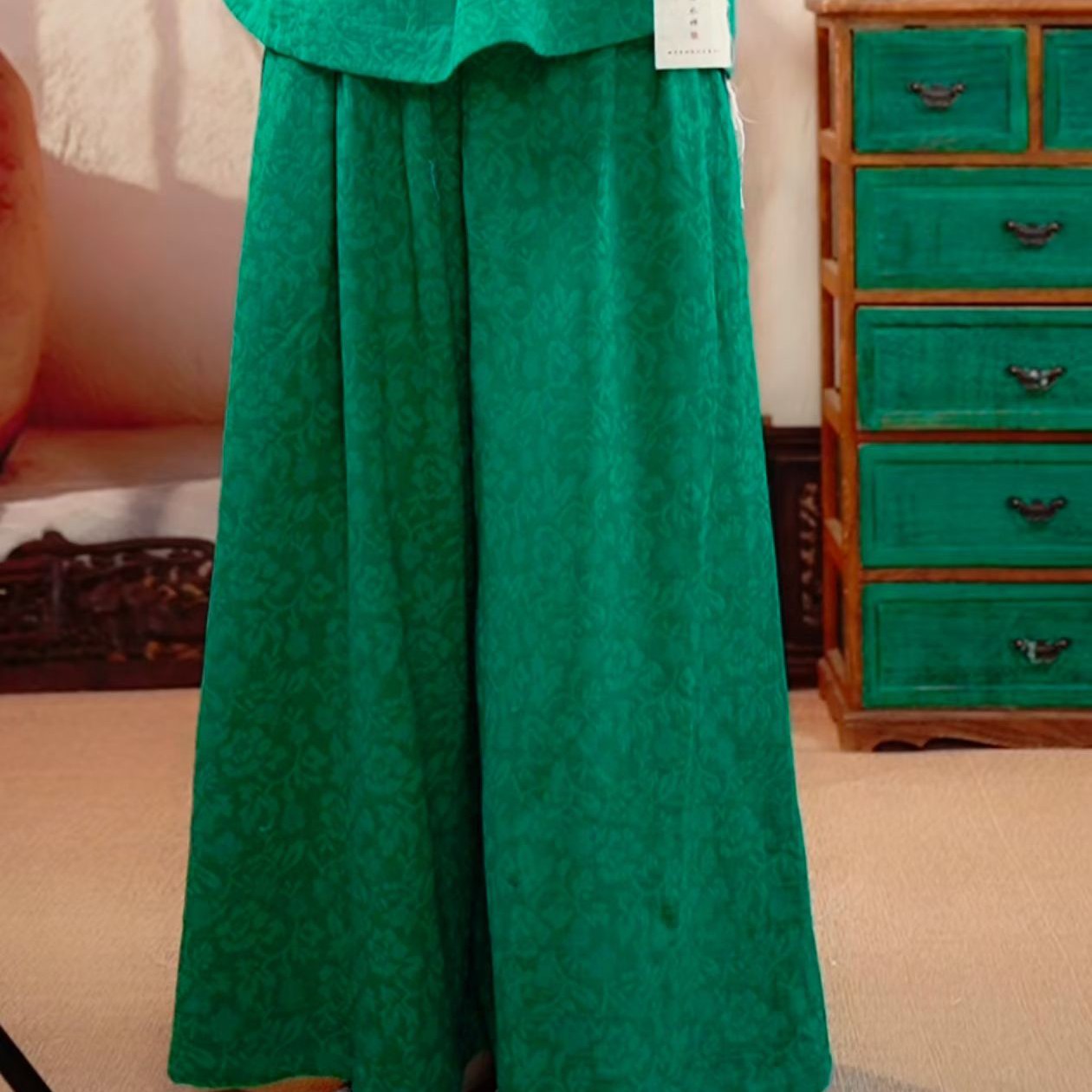 静待花开 双层提花亚麻棉阔腿裤裙裤