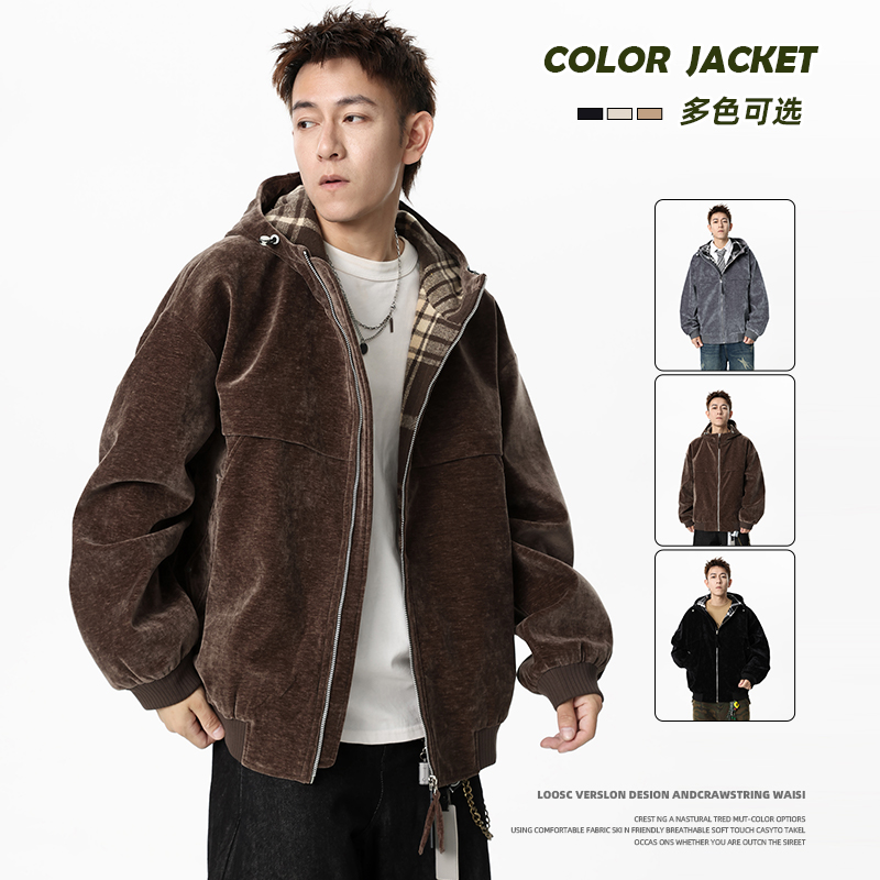 格纹拼接连帽大码夹克男复古潮流宽松秋季休闲加肥加大雪尼尔外套