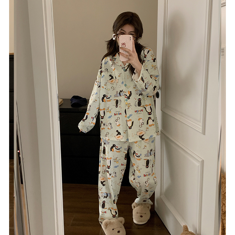 睡衣女春秋季纯棉2025年新款长袖卡通企鹅印花超柔软家居服套装