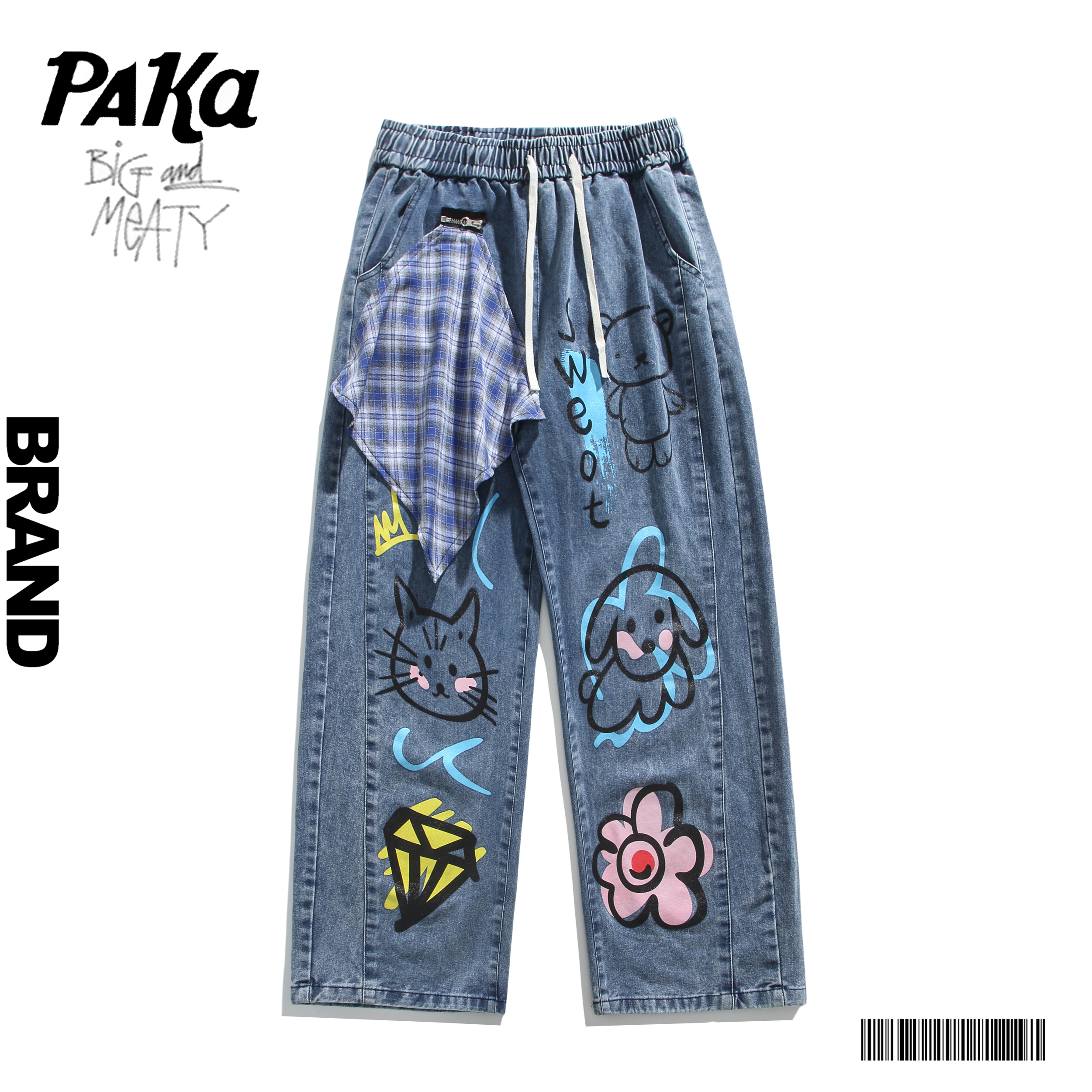 PAKA美式复古趣味印花图案蓝色牛仔裤宽松设计感男女同款直筒裤