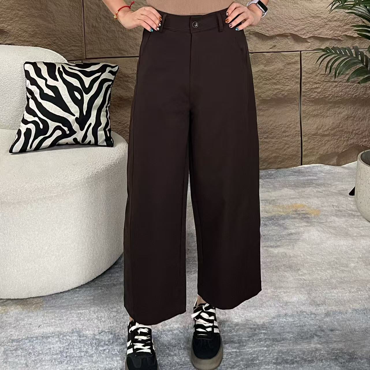 新款中腰加厚梨形粗腿休闲九分裤阔腿裤直筒减龄气质显瘦口袋女裤