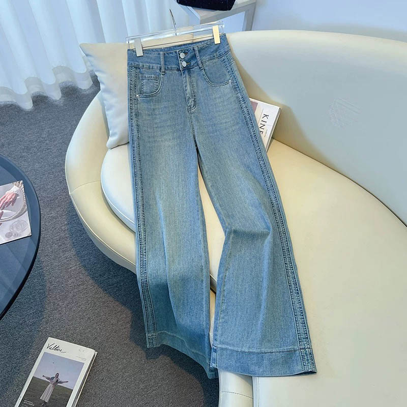 （女装）4685 蓝色双扣高腰修身显瘦窄版阔腿牛仔裤