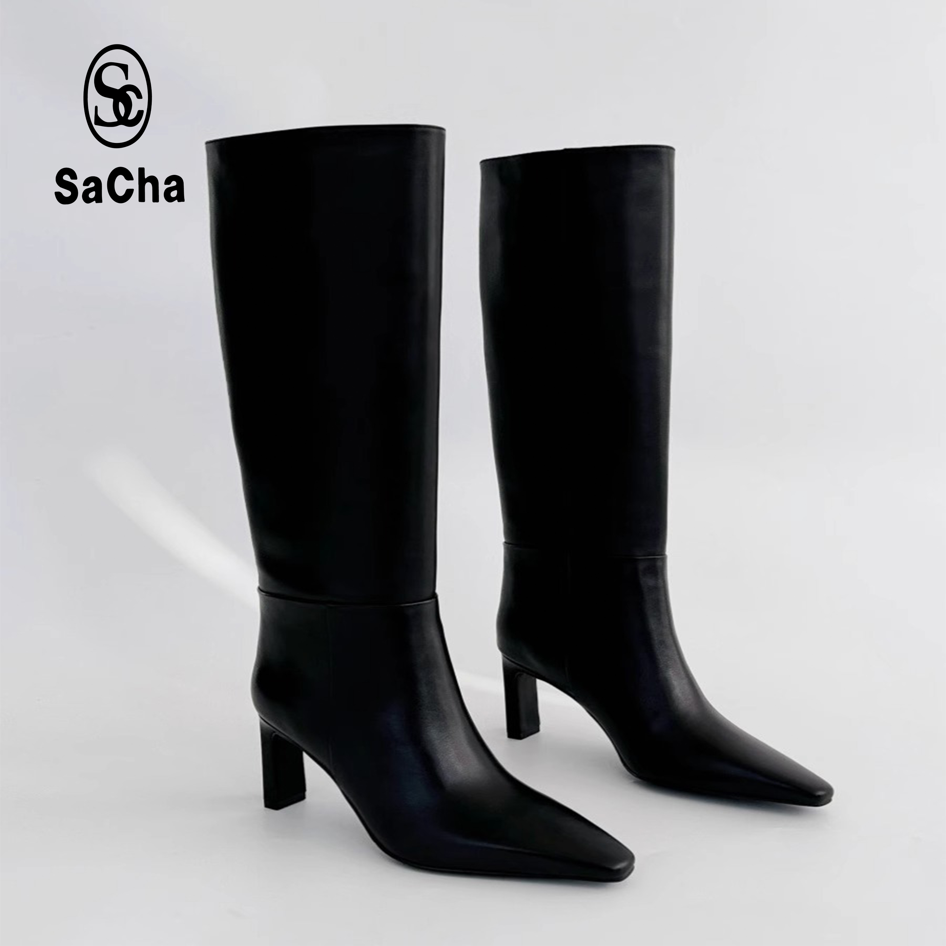 SACHA长筒尖头显瘦真皮细跟及膝靴瘦瘦直筒靴BTPJ-G2328