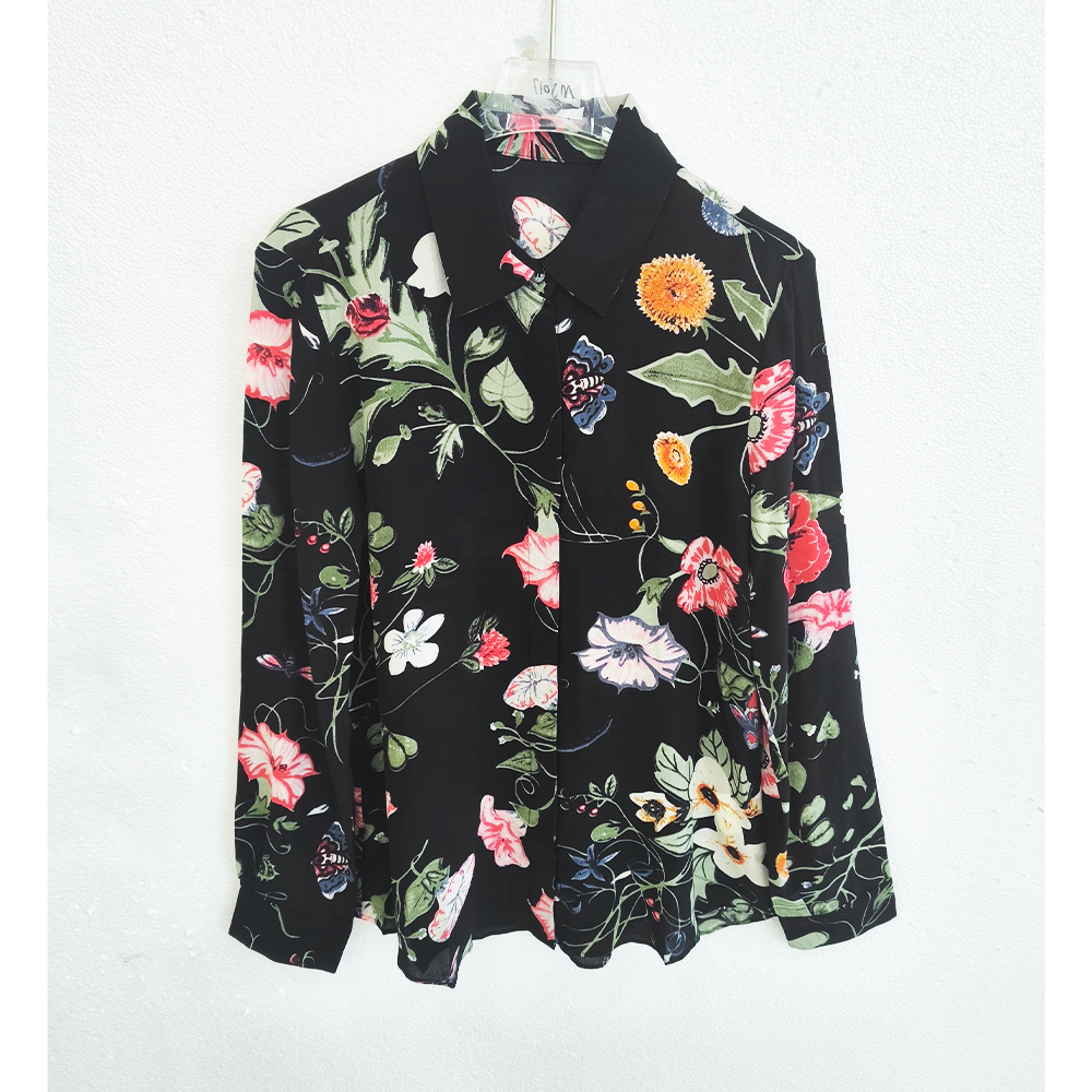 100桑蚕丝真丝双蜜语花香印花绉衬衣ZKC71黑色