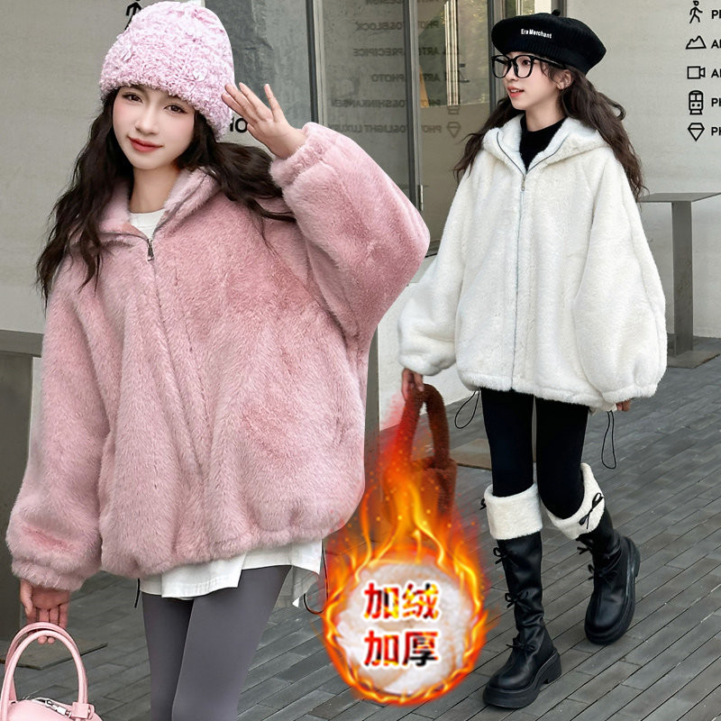 【加绒加厚】母女装 纯色毛毛宽松外套连帽设计保暖舒适冬季上衣