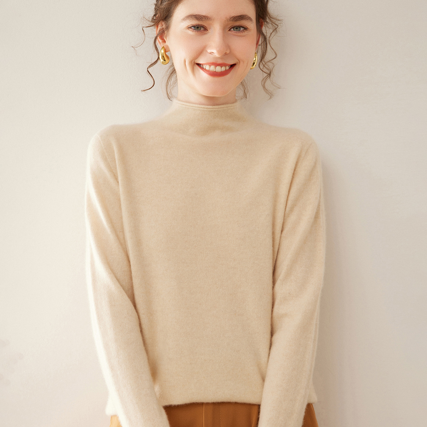 秋冬卷边半高领山羊绒衫一线成衣打底衫针织衫套头羊绒衫内搭毛衣