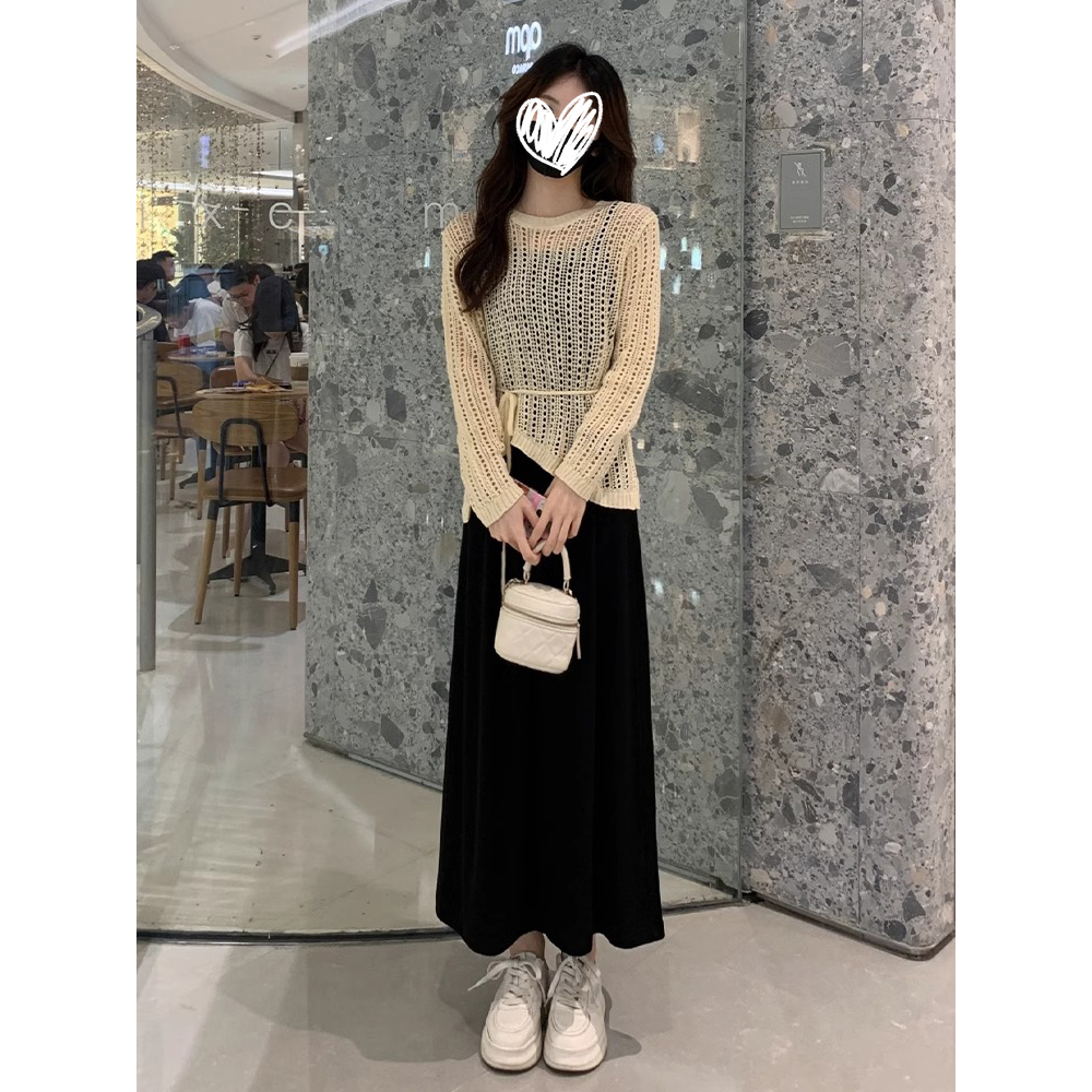 法式吊带连衣裙子春秋女款2025新款高级感穿搭小个子长裙两件套装