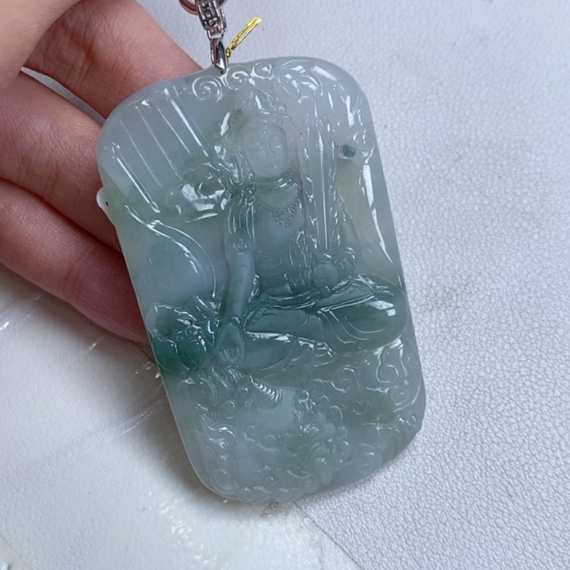 天然a货翡翠吊坠文殊