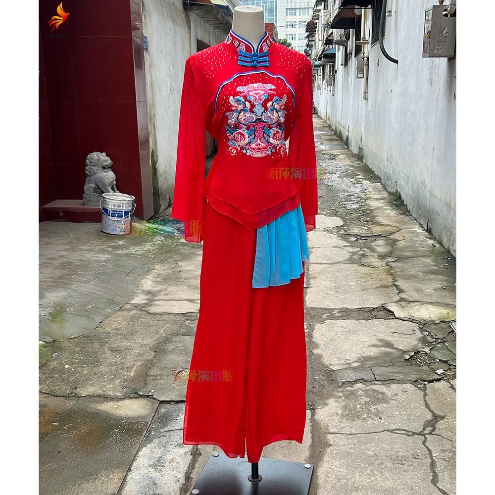 扇子舞广场舞套装陕北秧歌服装古典舞蹈服装演出服装飘逸大摆裙裤