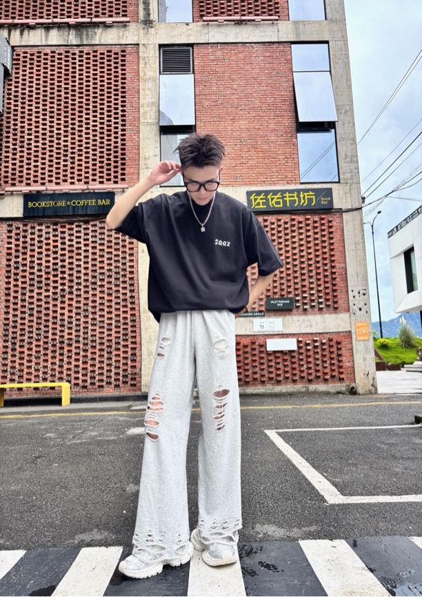 YC 休闲裤夏季薄垂感破洞直筒卫裤原创设计款宽松时尚男裤百搭
