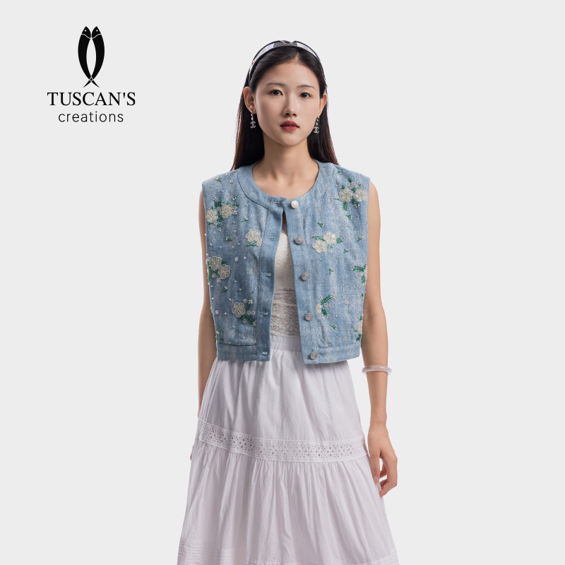 TUSCAN'S CREATIONS钉珠刺绣工字型圆领马夹牛仔上衣女装时代双鱼