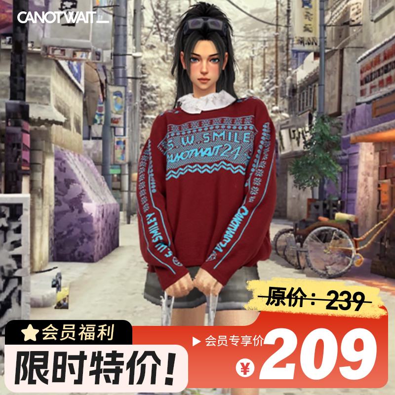 CANOTWAIT_陈伟霆秋季SMILEY联名圆领毛衣休闲宽松套头红色长袖