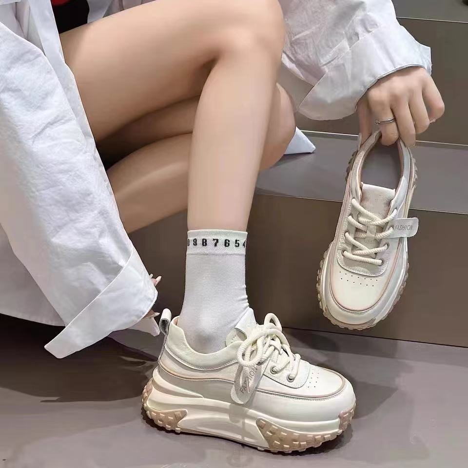 C3584 米杏  时尚厚底圆头系带休闲运动鞋女士老爹鞋