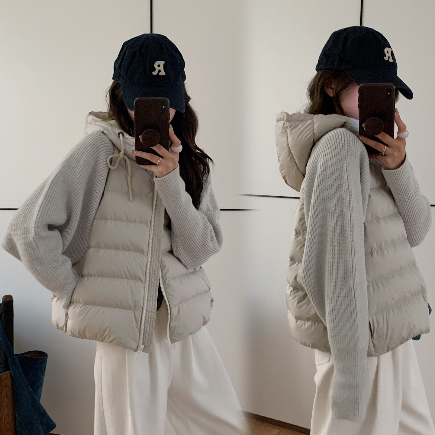 短款针织拼接女连帽常规棉服棉衣外套纯色秋冬外穿