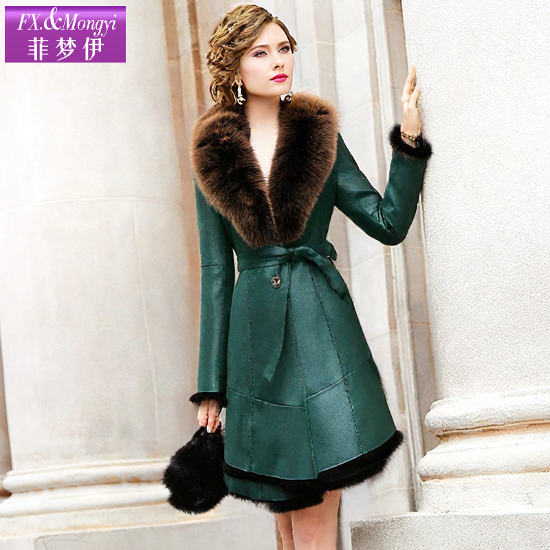 菲梦伊新款时尚兔毛皮一体大衣保暖狐狸毛领收腰短款外套62207