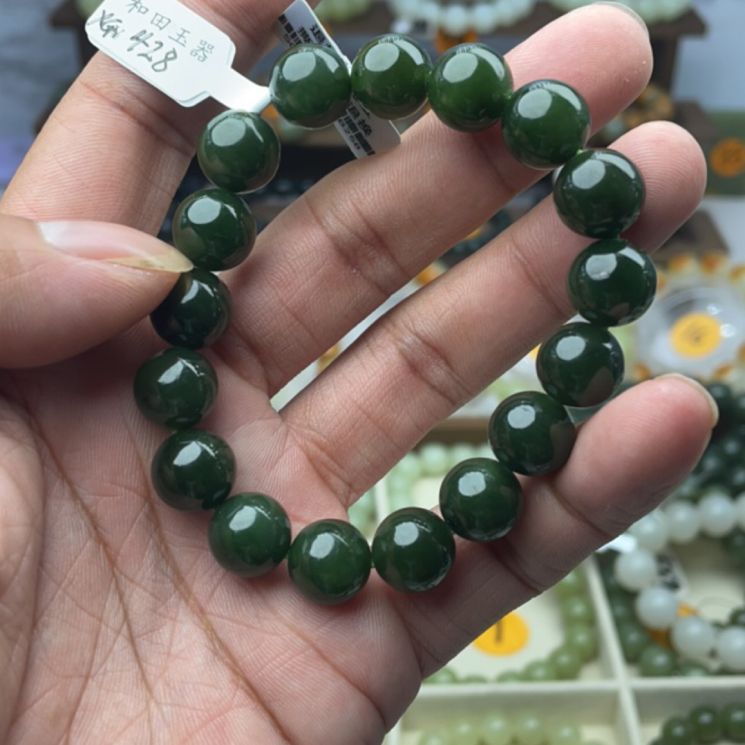 碧玉12mm菠菜绿手串单圈经典百搭情侣