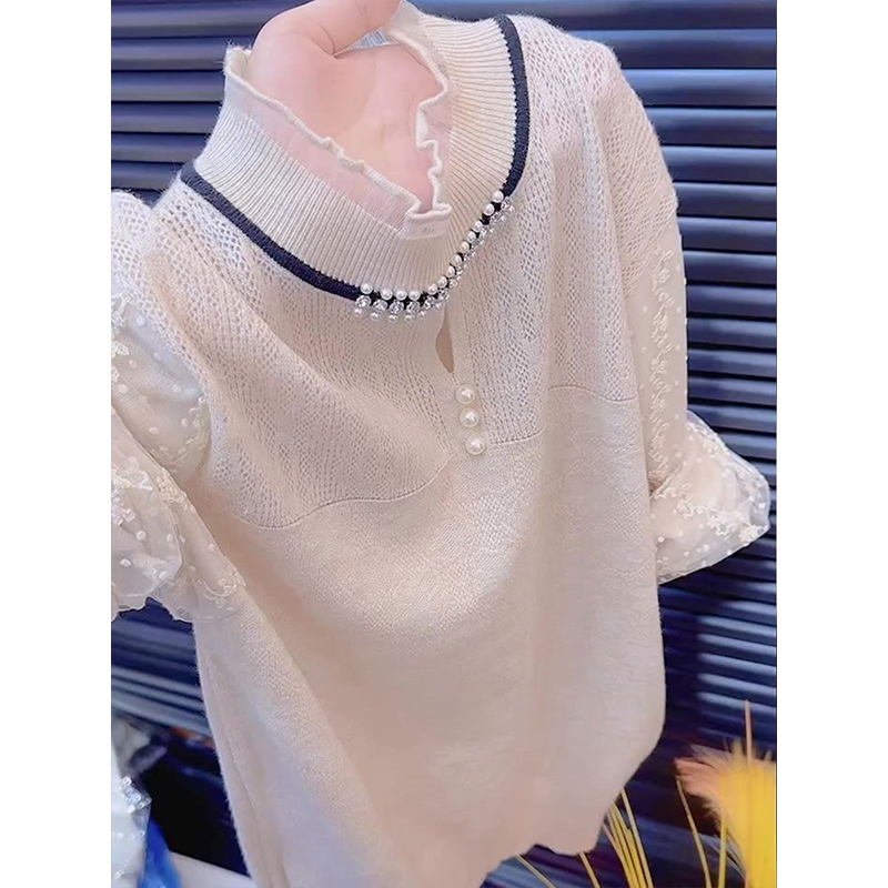 法式简约2025秋季蕾丝拼接针织衫大码胖MM长袖温柔新款高级上衣女